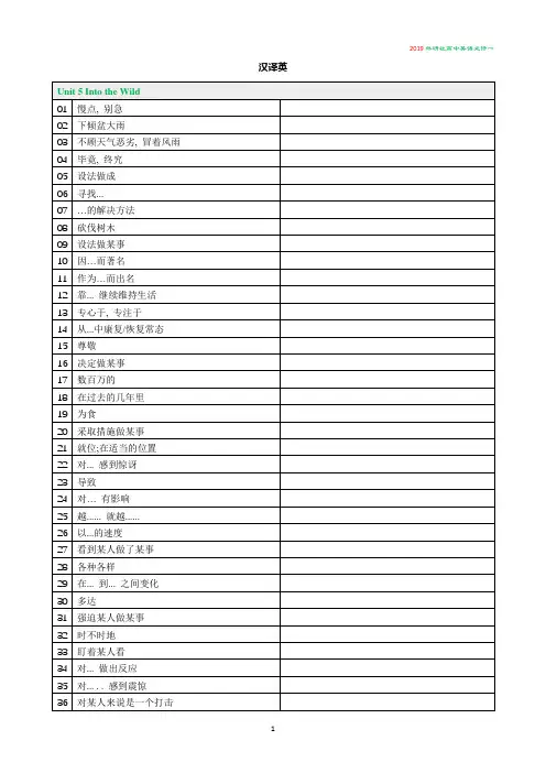 2019外研社高中英语必修一Unit 5 Into the Wild短语英汉互译表