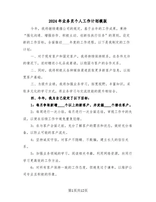 2024年业务员个人工作计划模版（五篇）