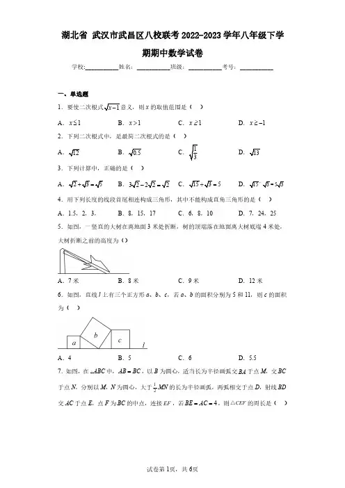 湖北省武汉市武昌区八校联考2022-2023学年八年级下学期期中数学试卷(含答案解析)