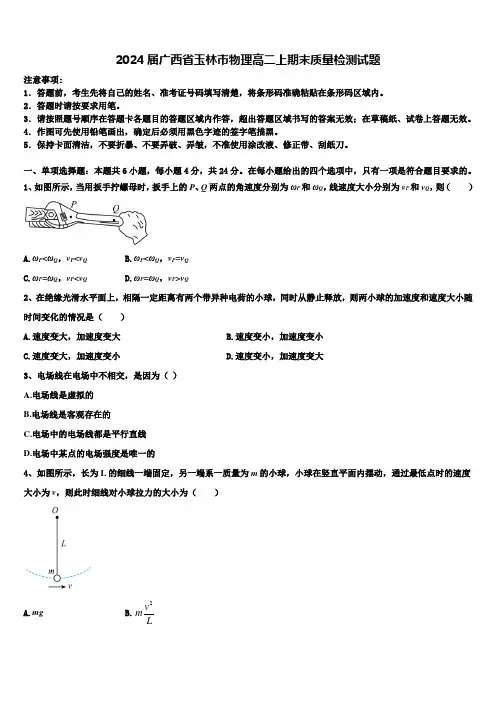 2024届广西省玉林市物理高二上期末质量检测试题含解析