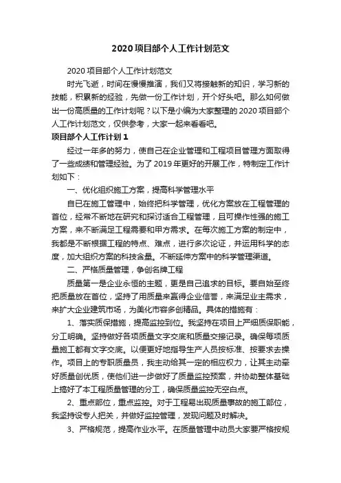 2020项目部个人工作计划范文