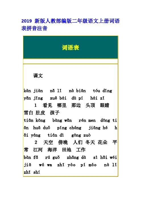 2019新版人教部编版二年级语文上册词语表拼音注音