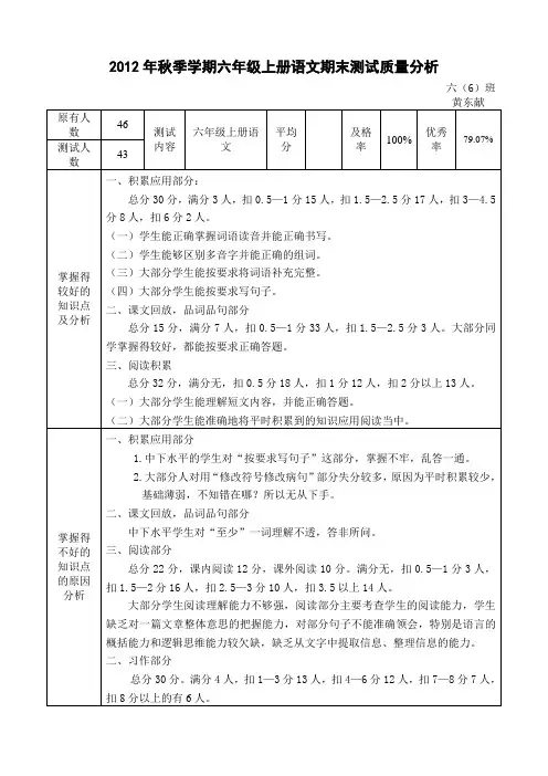 2012年秋学期六年级上册语文期末测试质量分析