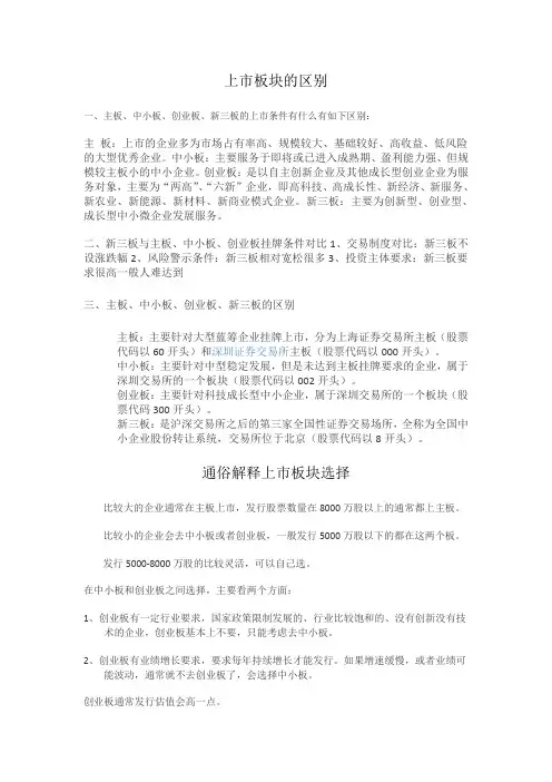 上市板块的区别与选择