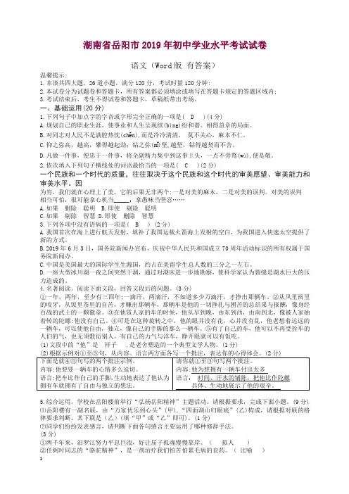湖南省岳阳市2019年中考语文试题(有答案).docx