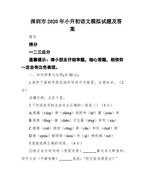 深圳市2020年小升初语文模拟试题及答案