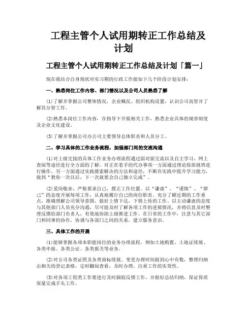 工程主管个人试用期转正工作总结及计划