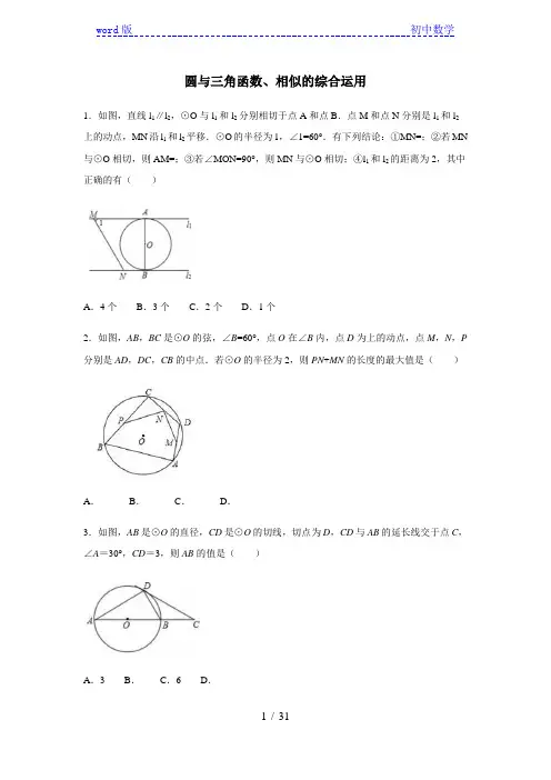 中考复习数学 圆、三角函数、相似的综合应用(含答案)
