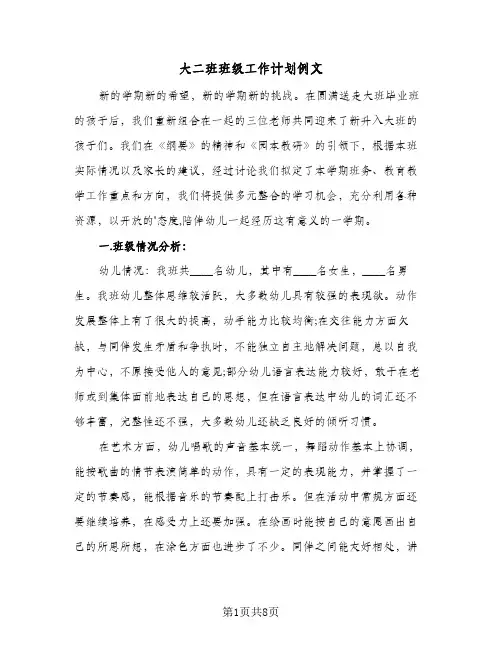 2024年大二班班级工作计划例文（4篇）