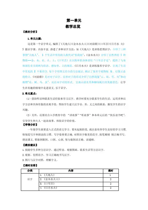 部编版一年级语文上册第一单元教学总览