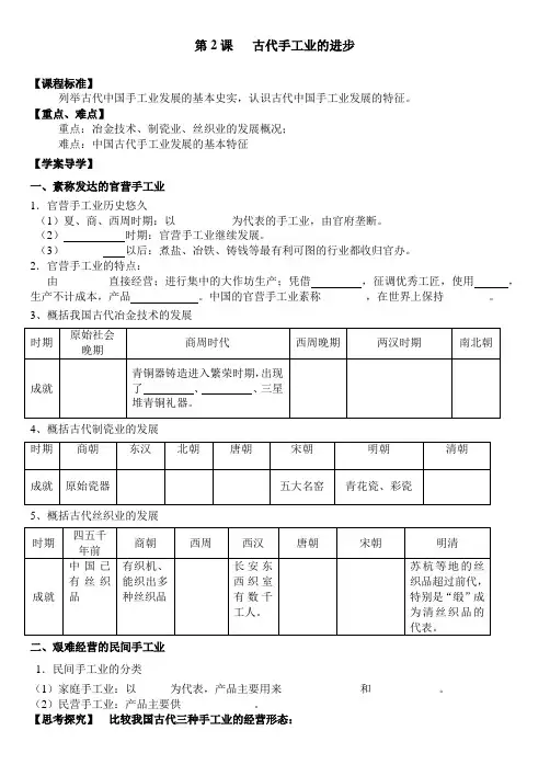 高一历史(人教版)必修2导学案设计：第2课-古代手工业的进步(无答案)