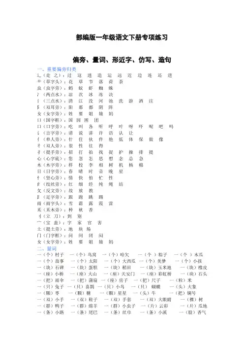 【汇编】最新2020春季部编版一年级语文下册(偏旁、量词、形近字、仿写、造句)汇总