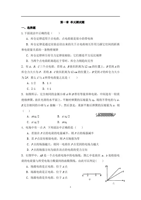 新课标人教版高中物理选修3-1 第一章：静电场 单元测试题