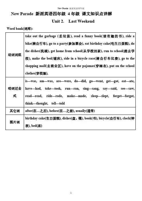 New Parade 新派英语四年级 4年级 Unit2 Last Weekend课文知识点详解