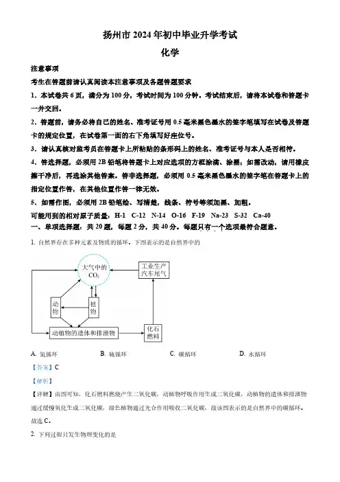 精品解析：2024年江苏省扬州市中考化学试题(解析版)