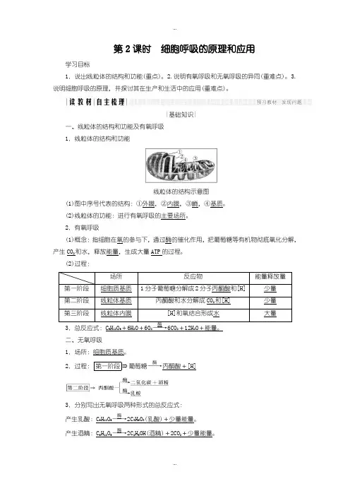 2019-2020年人教版高中生物必修一学案：5.3.2 细胞呼吸的原理和应用含答案