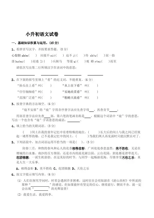 2017年小升初语文试卷及答案