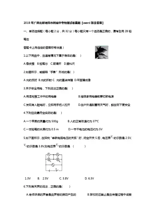 2018年广西北部湾四市同城中考物理试卷真题含答案