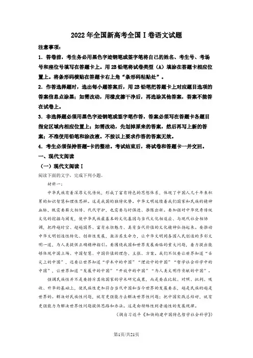 2022年新高考全国Ⅰ卷语文真题(解析版)