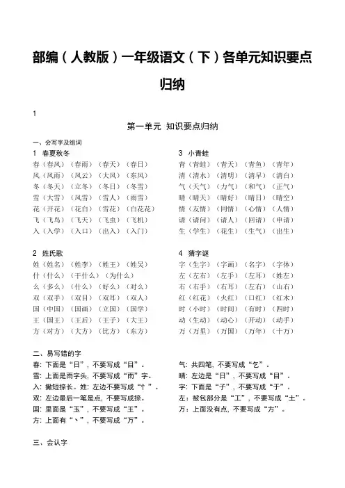 (完整版)部编(人教版)一年级语文下册单元知识要点归纳全册-推荐文档