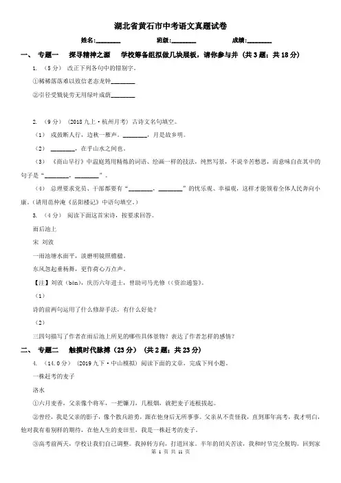 湖北省黄石市中考语文真题试卷
