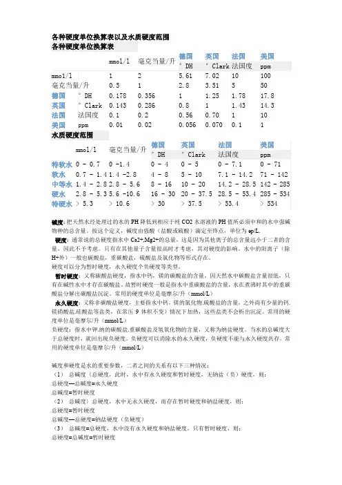 标准之各种硬度单位换算表以及水质硬度范围