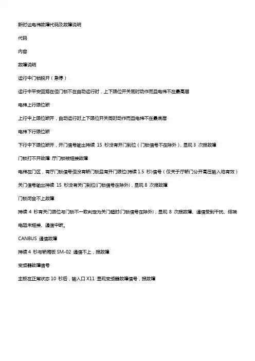 新时达电梯故障代码及故障说明