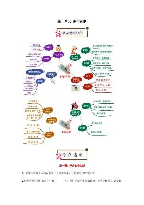 统编版七年级道法第一单元 少年有梦(思维导图+考点速记+素养提升+名言哲语+单元总结)