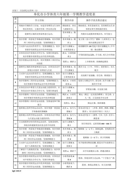 小学体育六年级第一学期教学进度表