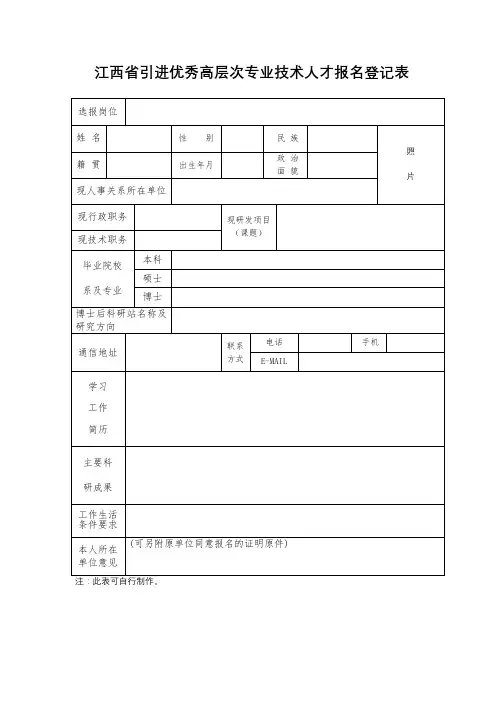 江西省引进优秀高层次专业技术人才报名登记表【模板】