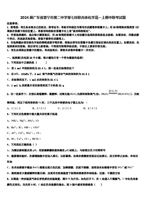 2024届广东省普宁市第二中学等七校联合体化学高一上期中联考试题含解析