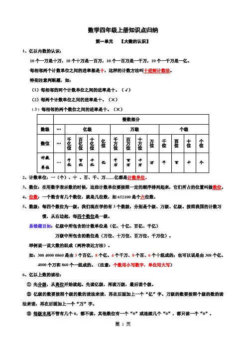 人教版小学四年级数学上册知识点归纳