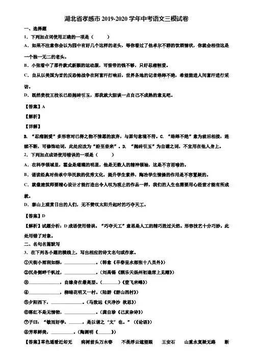 湖北省孝感市2019-2020学年中考语文三模试卷含解析