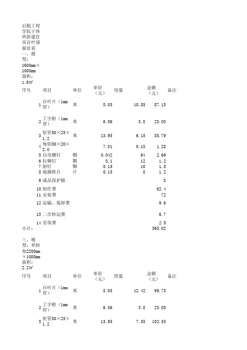 百叶报价表