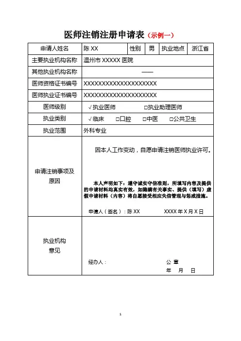 医师注销注册申请表-示例表格