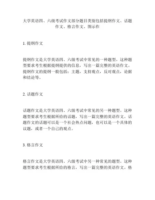 大学英语四、六级考试作文部分题目类别包括提纲作文、话题作文、格言作文、图示作