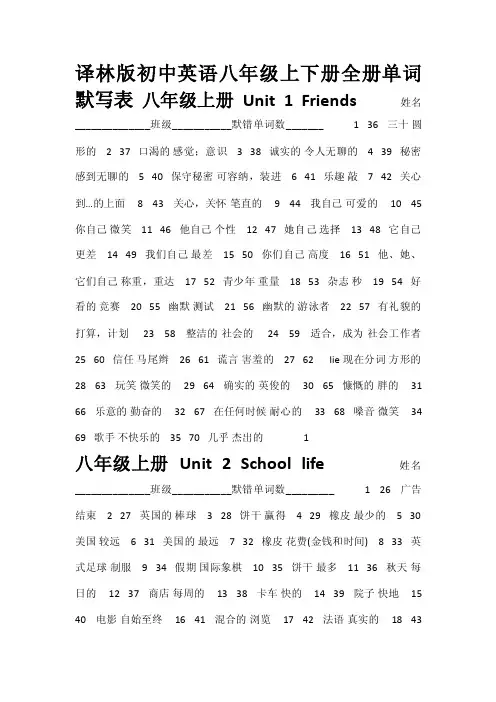 译林版初中英语八年级上下册全册单词默写表