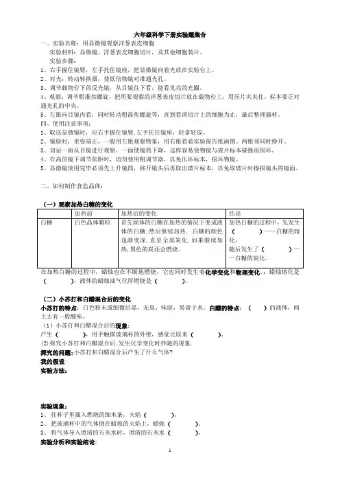 教科版六年级科学下册实验题集合学生版