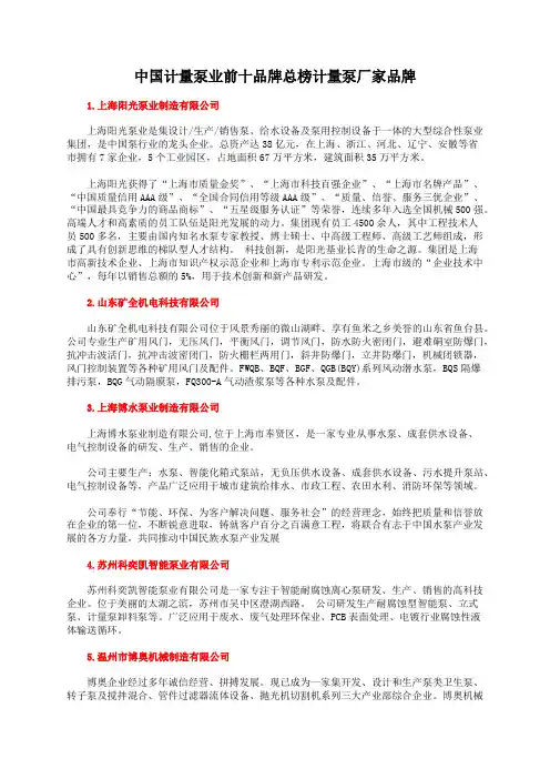 中国计量泵业前十品牌总榜计量泵厂家品牌