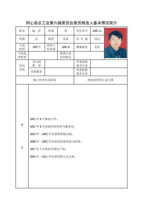 同心县总工会第六届委员会委员候选人基本情况简介