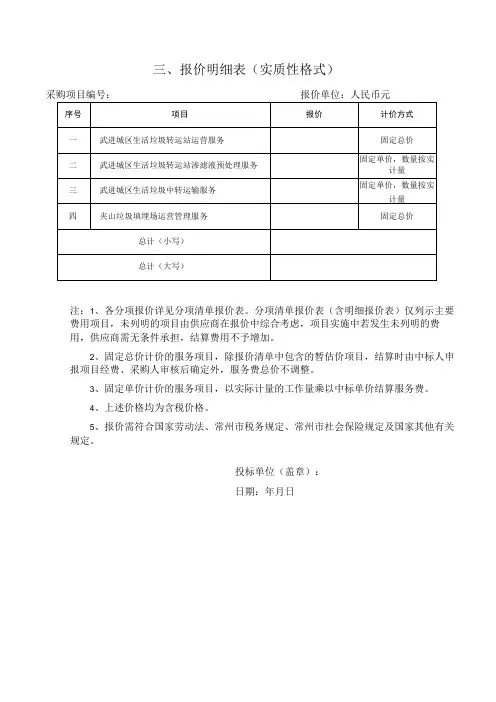 报价明细表实质性格式