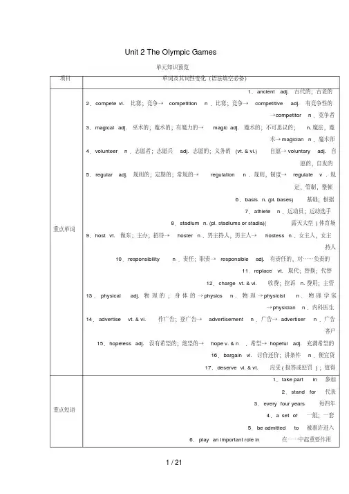 高考英语一轮复习Unit2TheOlympicGames(讲)(含解析)新人教版必修2