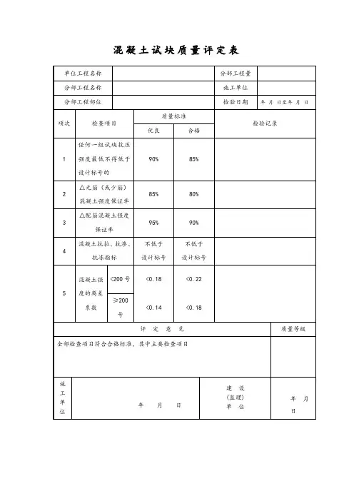 混凝土试块质量评定表