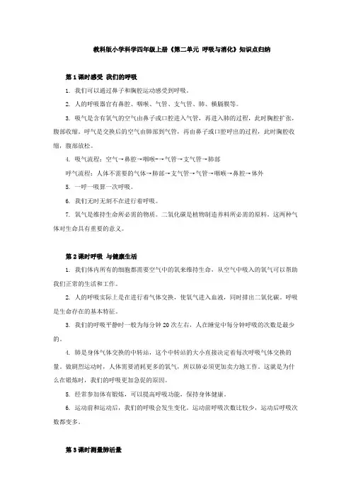 教科版小学科学四上《第二单元呼吸与消化》知识点归纳与单元检测试卷