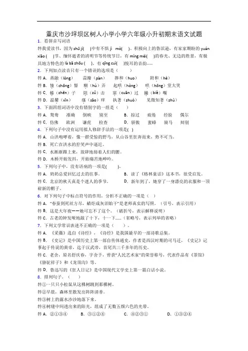 重庆市沙坪坝区树人小学小学六年级小升初期末语文试题