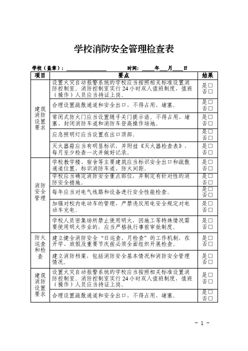 中心小学学校消防安全管理检查表
