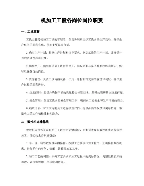 机加工工段各岗位岗位职责