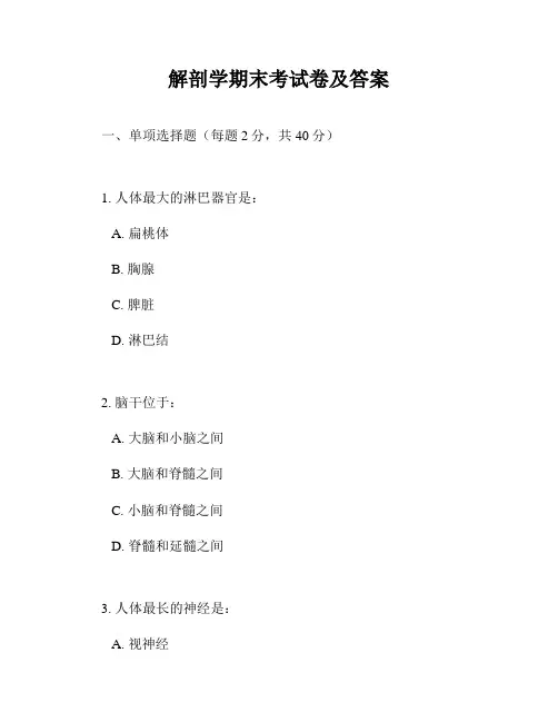 解剖学期末考试卷及答案