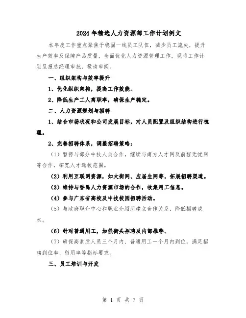 2024年精选人力资源部工作计划例文（4篇）