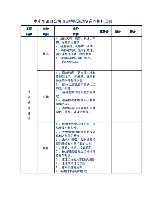 中小型路政公司项目桥梁涵洞隧道养护标准表